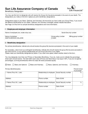 Fillable Online Smc SUNLIFE Beneficiary Form GLFM 1233 SLF Benef Desig