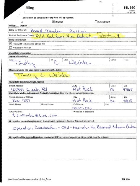 Fillable Online Candidate Filing SEL 190 District Fax Email Print