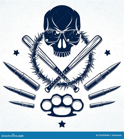 Gang Brutal Criminal Emblem Or Logo With Aggressive Skull Baseball Bats