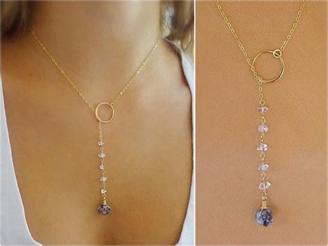 Herkimer Diamond Necklace Raw Crystal Lariat Necklace Raw Etsy