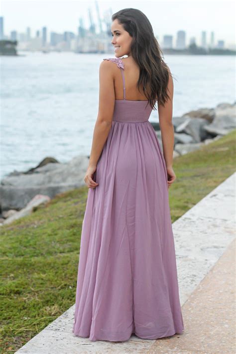 Mauve Maxi Dress with Pleated Top and Crochet Detail | Maxi Dresses ...