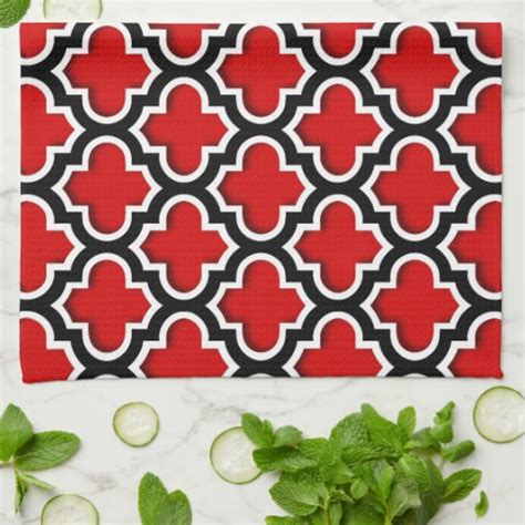 Red Black White Moroccan Quatrefoil Pattern 5ds Kitchen Towel Zazzle