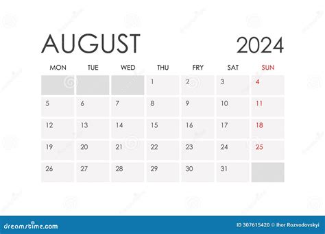 August 2024 Vector Monthly Calendar Template 2024 Year In Simple Style