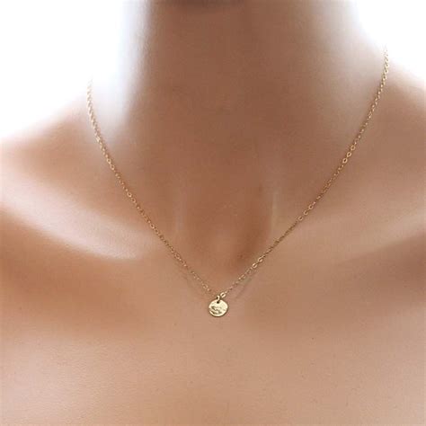 Tiny Dainty Gold Disc Necklace Hammered Golden Circle Charm Minimal