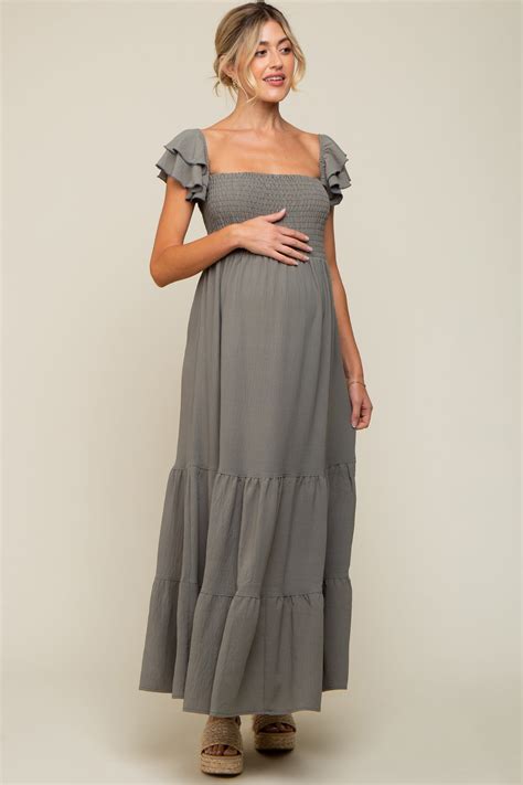 Olive Smocked Ruffle Off Shoulder Tiered Maternity Maxi Dress Pinkblush