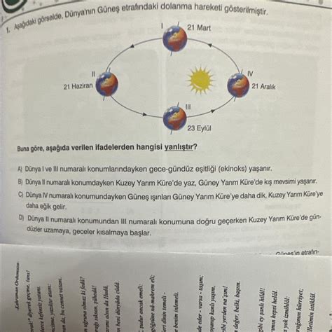 1 Aşağıdaki görselde Dünya nın Güneş etrafındaki dolanma hareketi