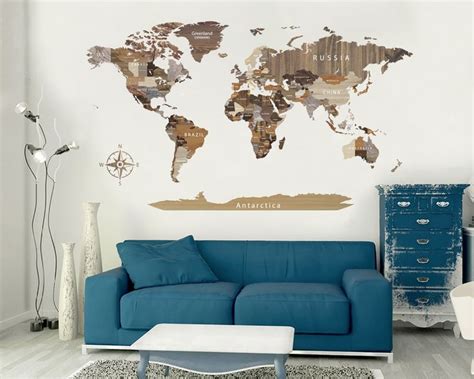 World Map Decal Vinyl Wall Sticker Push Pin Wall Map Print Wall Decor Wood World Map Art Decal