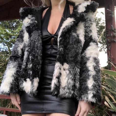 Faux Fur Black And White Hooded Jacket Coat From Depop