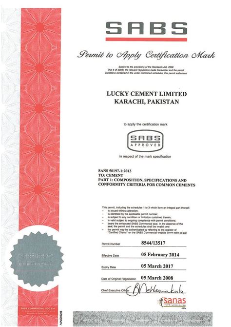 Sabs Certificate Valid Till 05 03 2017 1 Lucky Cement