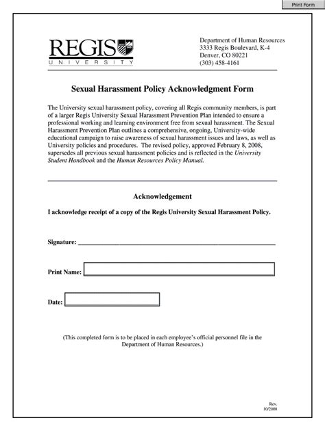 Fillable Online Regis Sexual Harassment Policy Acknowledgment Form