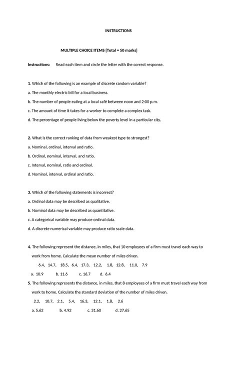 Stats MC Practice Questions 50 2021 Solution FV INSTRUCTIONS MULTIPLE