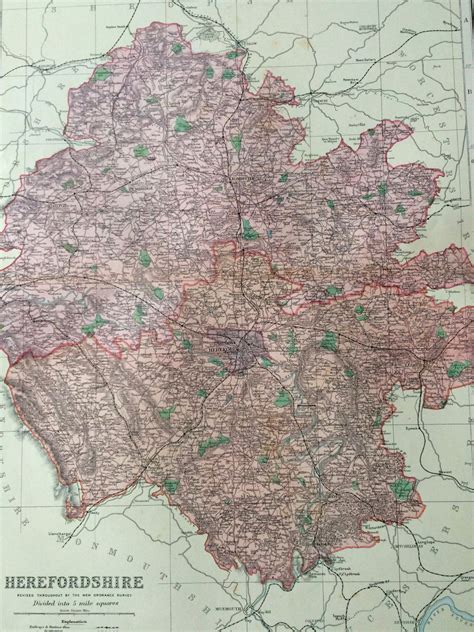 1896 Herefordshire Large Original Antique Map Showing Railways Stations Canals Crossroads Uk