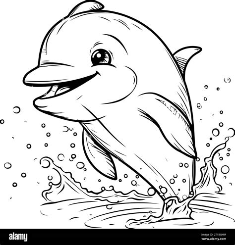 Cartoon Dolphin Jumping Out Of Water Black And White Vector