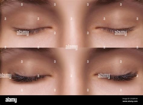 Eyelash Extension Comparison Of Female Eyes Before And After Stock