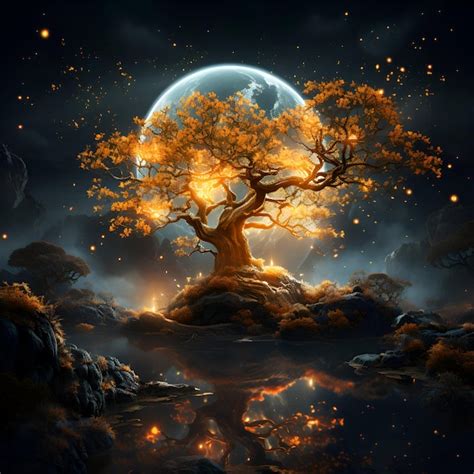 Premium Photo Fantasy Landscape With Tree And Full Moon D Illustration