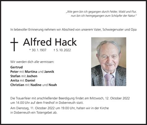 Alfred Hack Traueranzeige Trauer Infranken De