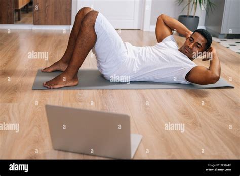 African American Man Practicing Abs Crunches Training Abdominal