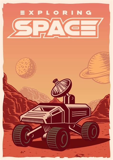 Vintage Poster With Illustration Of A Space Rover On The Planet Mars