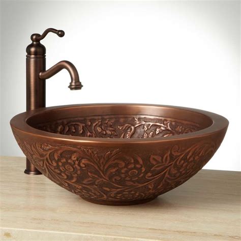 Mahala Round Embossed Copper Double Wall Vessel Sink Antique Copper Patina Copper Vessel