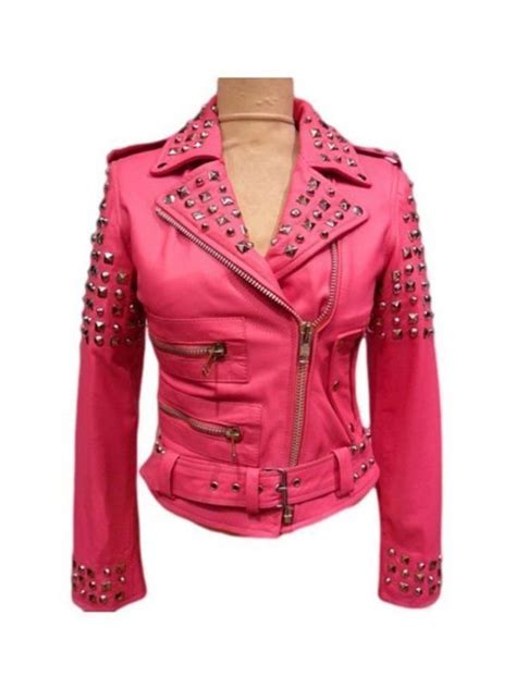 Womens Golden Studded Pink Biker Leather Jacket Stars Jackets