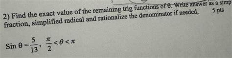 Answered 5 Pts 2 Find The Exact Value Of The Remaining Trig Functions Kunduz