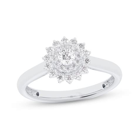 Round Cut Diamond Starburst Halo Engagement Ring 3 8 Ct Tw 10k White Gold Kay