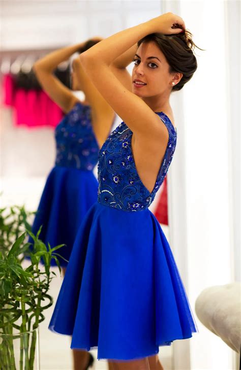 Delicado Azul Royal Curto Vestidos Sexy Backless Do Regresso A Casa Da