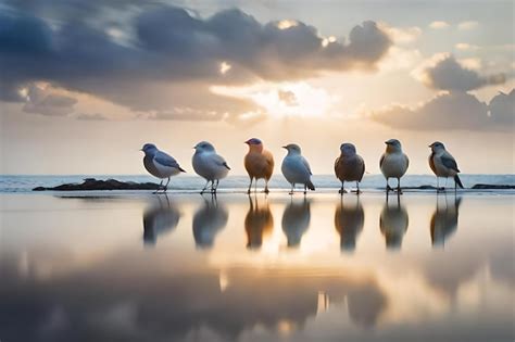 Premium AI Image | Seagulls standing on the beach in the sunset