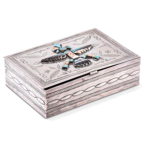 Navajo Silver Box With Zuni Inlay Knife Wing Man Four Winds Gallery