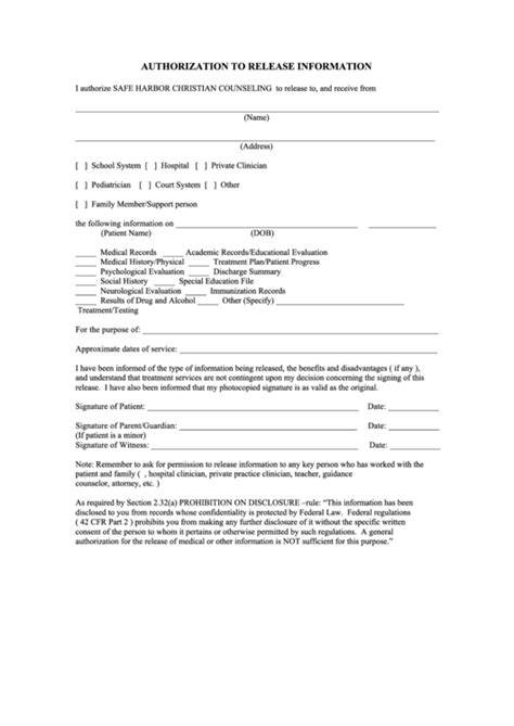 Authorization To Release Information Form Printable Pdf Download