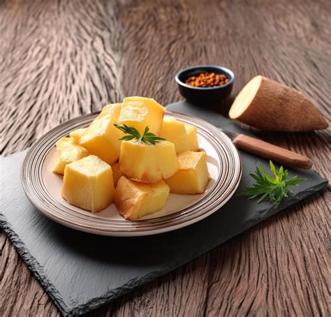 Premium Photo A Plate Of Cassava With Parsley On A Table