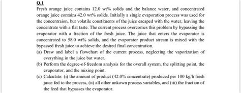 Solved 0 1 Fresh Orange Juice Contains 12 0 Wt Solids And Chegg