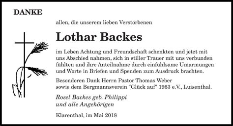 Traueranzeigen Von Lothar Backes Saarbruecker Zeitung Trauer De