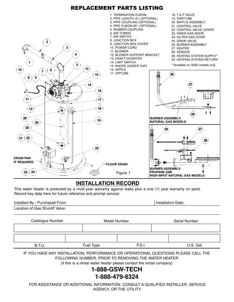 Replacement Parts Listing Installation Record Gsw Gas Fired Water Heater User Manual Page 2