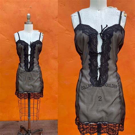 Vintage 960s Black Sexy Lingerie Mini Dress Plunging Neckline Laces Burlesque Club Party Goth