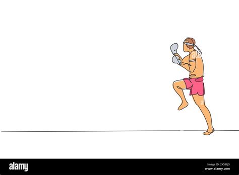 One Continuous Line Drawing Of Young Sporty Muay Thai Boxer Man