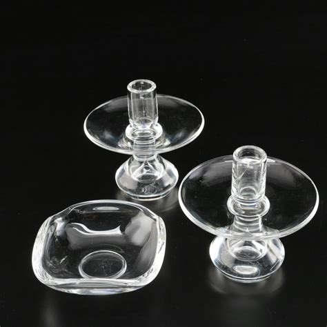 Steuben Teardrop Art Glass Candle Holders And Ashtray Mid Century Ebth