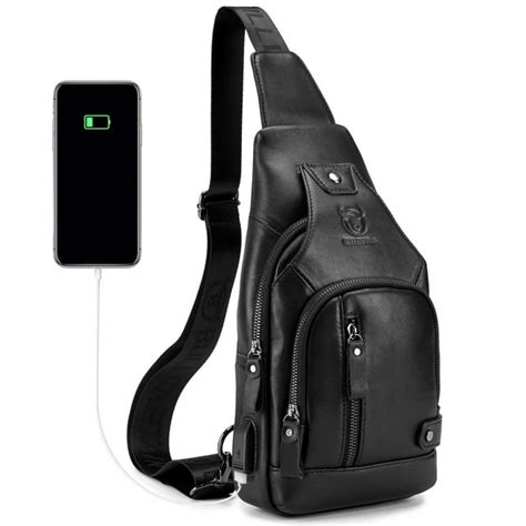 Men Leather Sling Bag Casual Shoulder Chest Crossbody Bag Hiking Travel Daypack With Usb