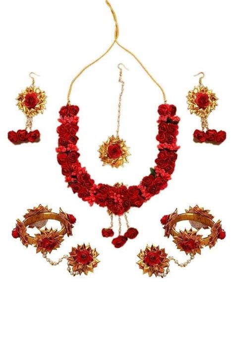 Buy Pinoozclub Paper Necklace Earrings Maang Tikka Hathphool Red