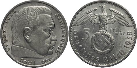 Drittes Reich 5 Reichsmark 1938 F Hindenburg Kursmünze 1936 1939 ss