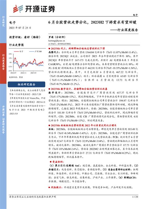 电子行业深度报告：6月台股营收走势分化，2023h2下游需求有望回暖