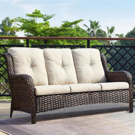 Gymojoy Carolina Brown Wicker Outdoor Patio Sofa Couch With Beige