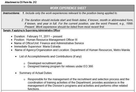 Work Experience Sheet Sample