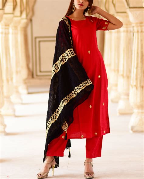 Red Straight Kurta Set Black Dupatta By Thread And Button The Secret