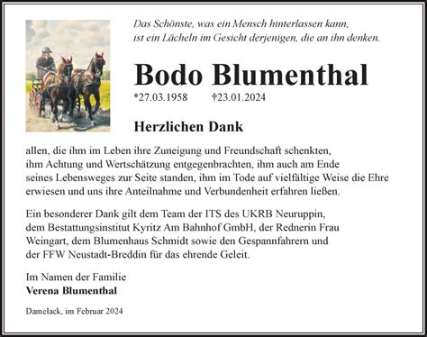 Traueranzeigen Von Bodo Blumenthal Trauer Anzeigen De