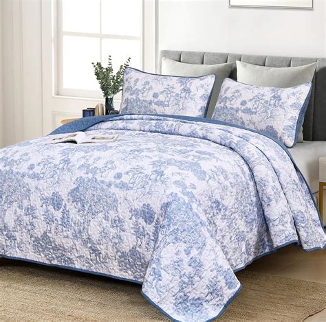 Amazon Wongs Bedding Blue Quilt Set Queen Size Pieces Botanical