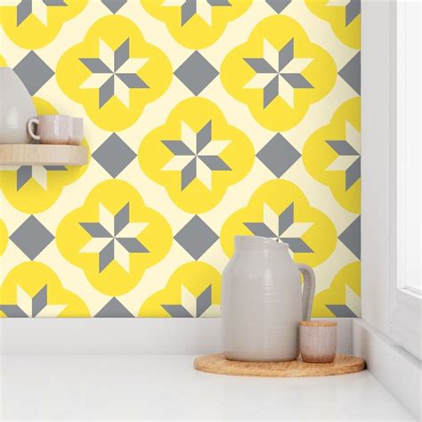 islamic star mosaic yellow gray wallpaper spoonflower