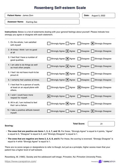 Rosenberg Self Esteem Scale And Example Free Pdf Download