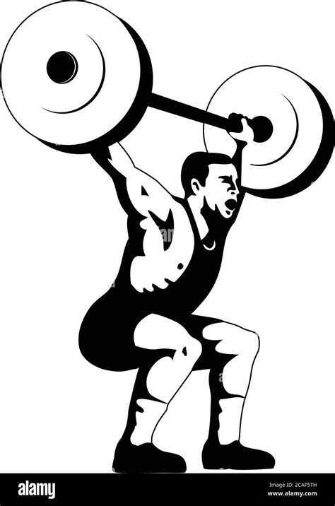 Retro Woodcut Style Illustration Of A Weightlifter Lifting Barbell