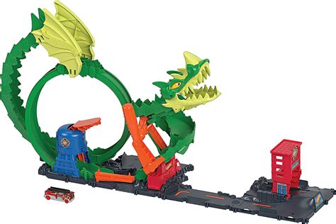 Amazon HOT WHEELS Track Set With Scale Toy Firetruck City Fire Station With Dragon